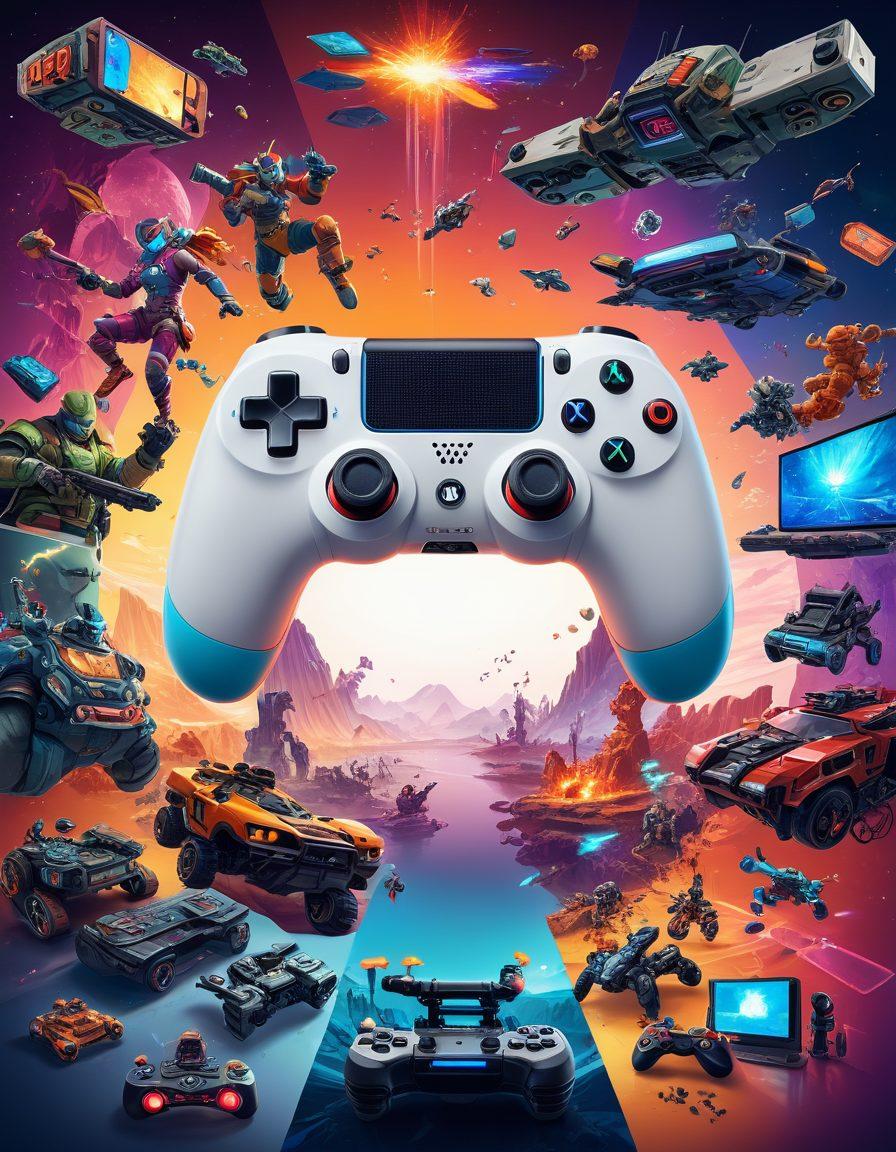 A dynamic collage depicting various gaming elements like a gaming console, controllers, and vibrant game characters in action. Include news headlines and community highlights floating around, symbolizing real-time updates and connectivity. The background features a colorful digital landscape with pixel art elements representing different game genres. super-realistic. vibrant colors. white background.