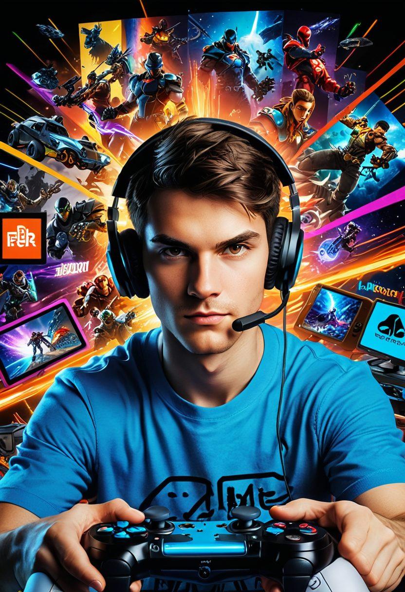 A dynamic and colorful collage showcasing various gaming styles, featuring a gamer intensely focused on a console, surrounded by iconic game elements like controllers, game characters, and strategy guides. Include elements representing different genres like RPG, FPS, and puzzle games, with a backdrop of glowing screens displaying mind-blowing graphics. The atmosphere should exude excitement and passion for gaming. vibrant colors. super-realistic.