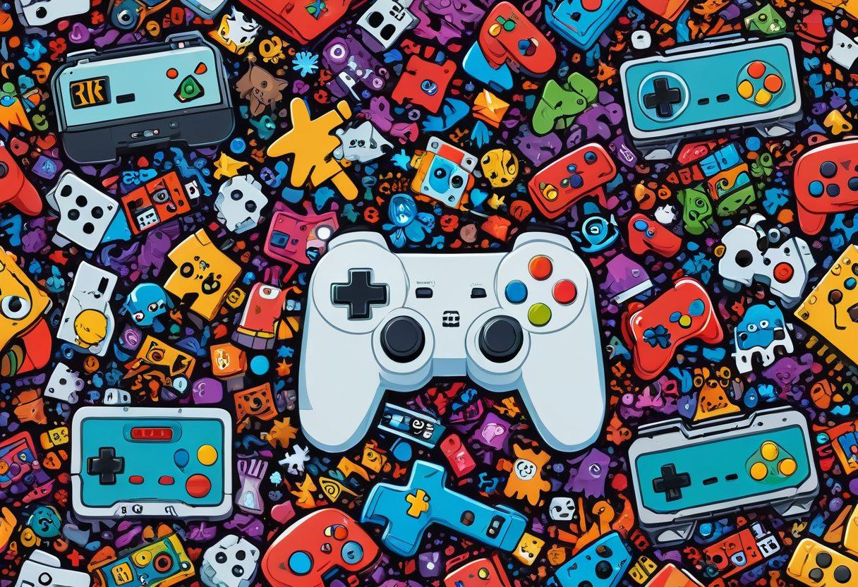 A vibrant collage showcasing 99 iconic games, blending elements from different genres like platformers, puzzles, and RPGs. Include colorful game controllers, character icons, and playful graphics that radiate excitement and energy. The background should be a dynamic explosion of colors representing a gaming universe. Make sure to feature diverse characters in action poses. super-realistic. vibrant colors. white background.